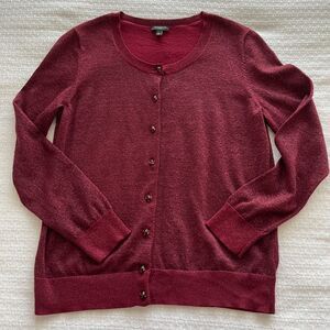 PL Talbots Burgundy Metallic Long-Sleeve Cardigan with Jeweled Buttons